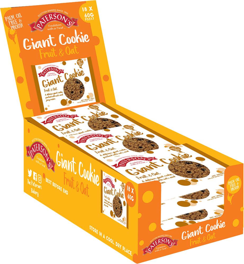 Patersons Giant Cookies Individually Wrapped - Fruit & Oat - 60g (Box of 18)