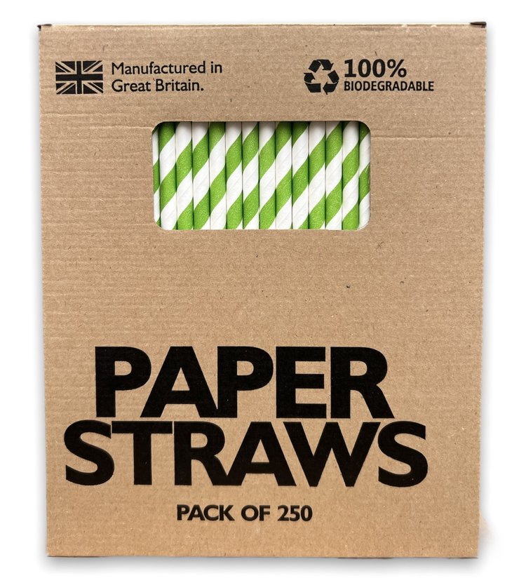 Green & White Paper Straws 250 Pack 200mm x 6mm